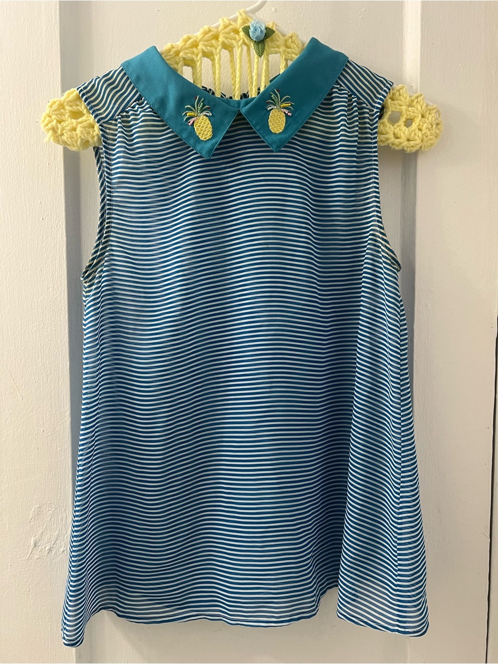 ModCloth Sheer Blue/White Striped Sleeveless Blouse with Pineapple Collar
